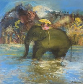 Elephant Crossing River, acrylic, 16x16" unframed - £1,950