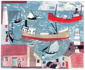 A Busy Harbour, linocut, (framed by Rye Art Gallery) - £420