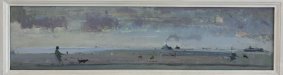 Calais Beach, oil on board, 27x73cm inc. frame - £5,500