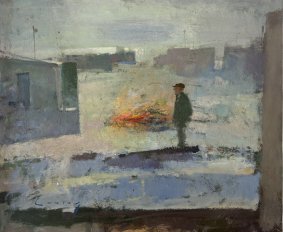 Old George And Bonfire (Hastings Fishing Beach, circa 1986), oil on board, 56x49cm inc.frame - NOW SOLD